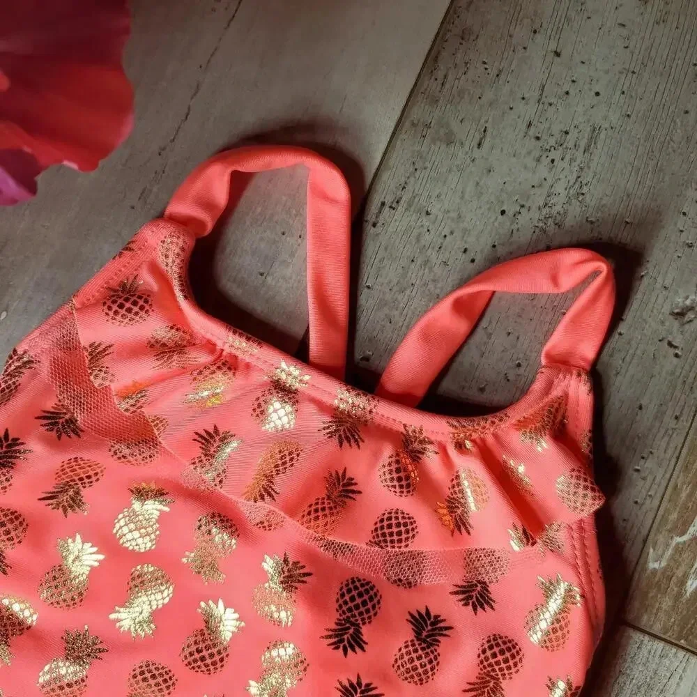 NWT Real Love Toddler Girls Metallic Gold and Coral Pineapple Bikini Set Size 2T